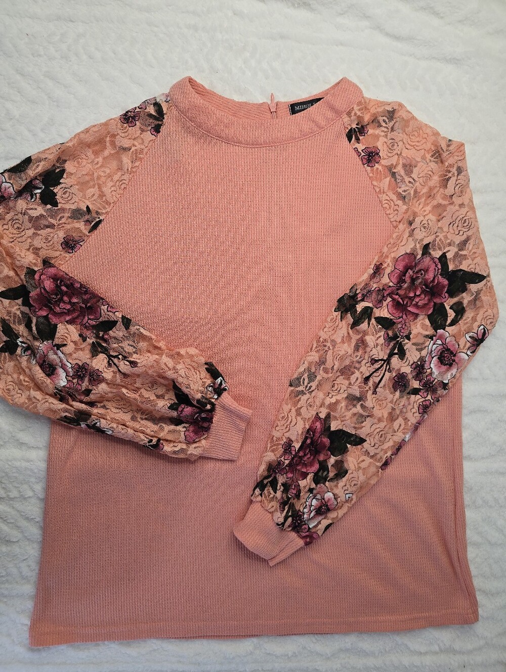 Miholl Waffle Knit Top Blush Pink Floral Lace Sleeve Mock Neck Romantic Boho L